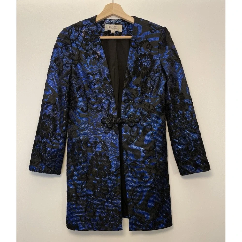 Badgley Mischka Collection Womens Black Blue Brocade Suit Jacket Small Old Money